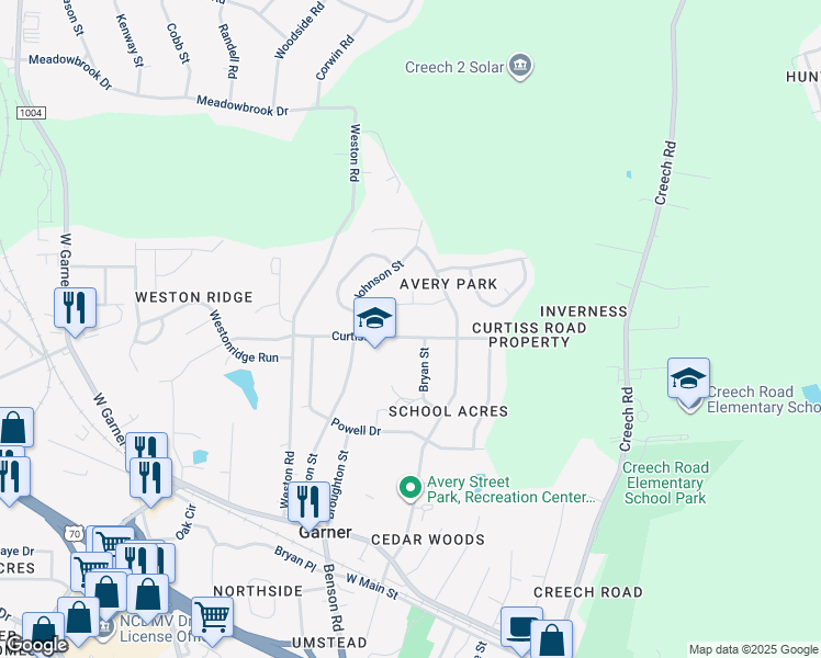 map of restaurants, bars, coffee shops, grocery stores, and more near 804 Curtiss Drive in Garner