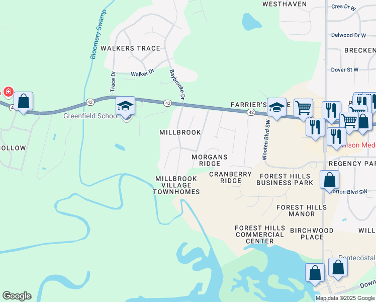 map of restaurants, bars, coffee shops, grocery stores, and more near 3319 Widgeon Street Southwest in Wilson