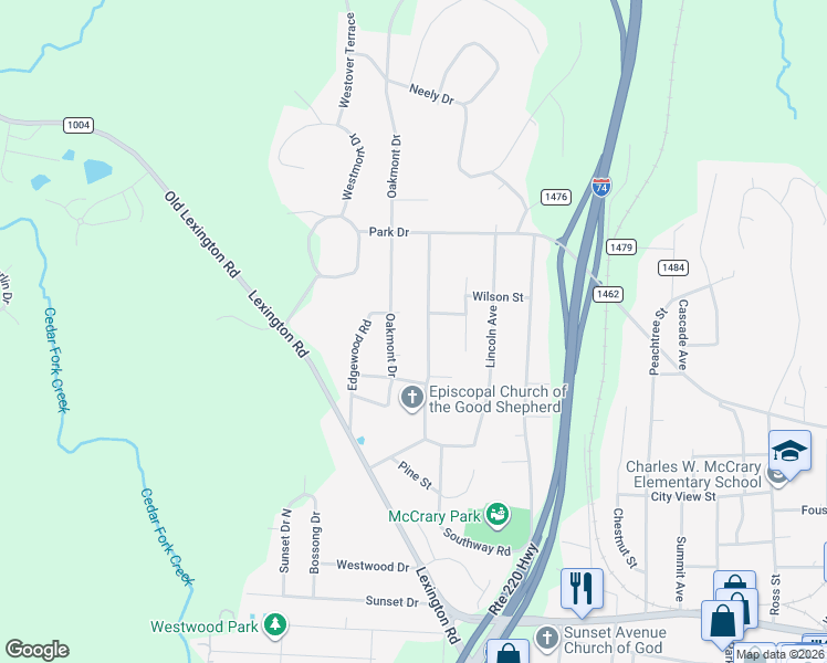 map of restaurants, bars, coffee shops, grocery stores, and more near 721 Mountain Road in Asheboro