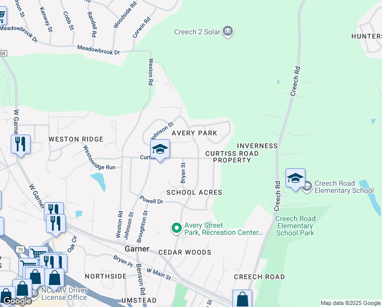 map of restaurants, bars, coffee shops, grocery stores, and more near 702 Curtiss Drive in Garner