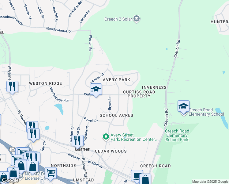 map of restaurants, bars, coffee shops, grocery stores, and more near 702 Curtiss Drive in Garner
