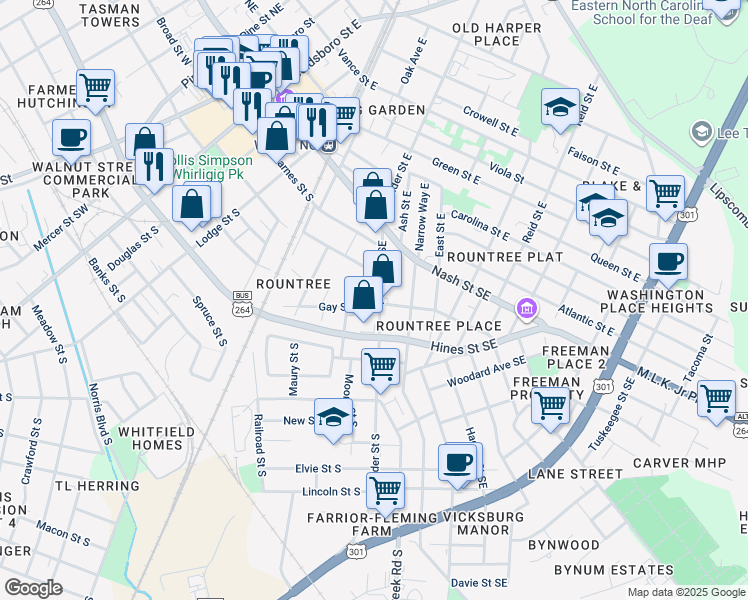 map of restaurants, bars, coffee shops, grocery stores, and more near 380 Pender Street South in Wilson