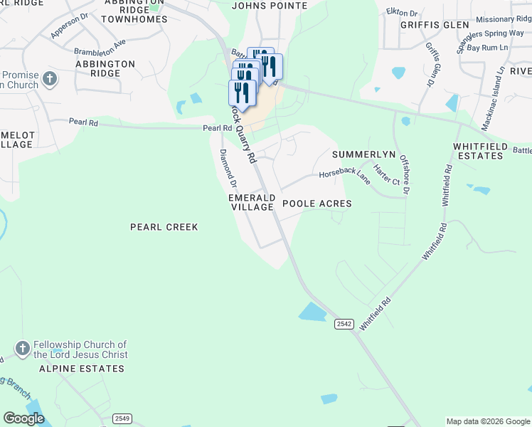 map of restaurants, bars, coffee shops, grocery stores, and more near 6408 Rock Quarry Road in Raleigh