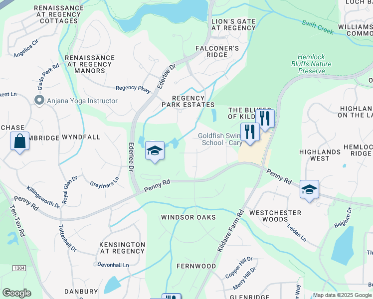 map of restaurants, bars, coffee shops, grocery stores, and more near 451 Rose Point Drive in Cary