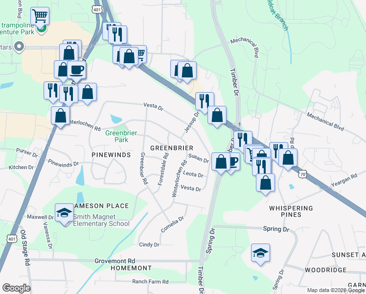 map of restaurants, bars, coffee shops, grocery stores, and more near 205 Winterlochen Road in Raleigh