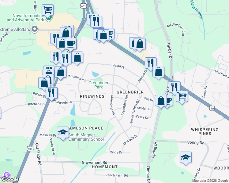 map of restaurants, bars, coffee shops, grocery stores, and more near 4605 Greenbrier Road in Raleigh