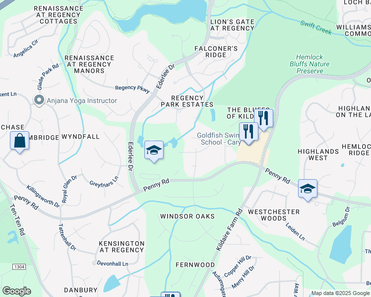 map of restaurants, bars, coffee shops, grocery stores, and more near 451 Rose Point Drive in Cary