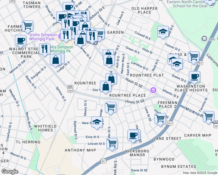 map of restaurants, bars, coffee shops, grocery stores, and more near 319 Pender Street Southeast in Wilson
