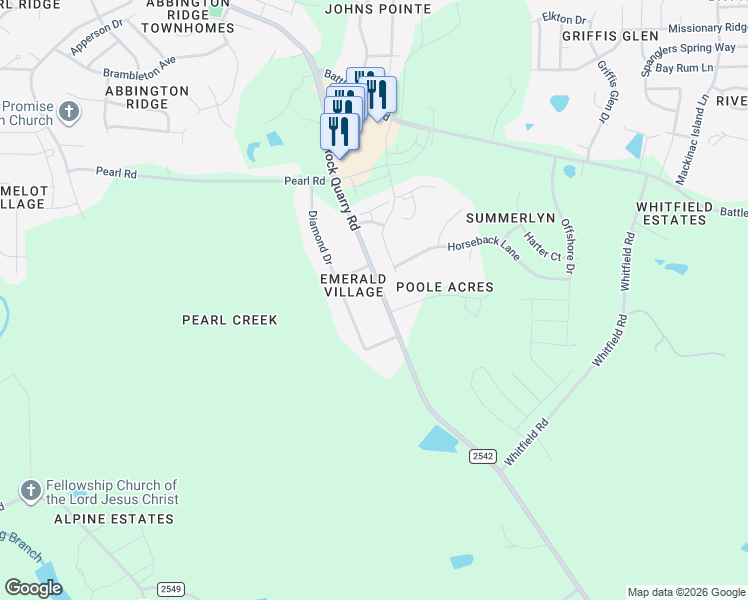 map of restaurants, bars, coffee shops, grocery stores, and more near 6408 Rock Quarry Road in Raleigh