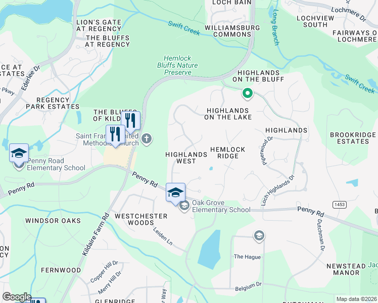 map of restaurants, bars, coffee shops, grocery stores, and more near 305 Crickentree Drive in Cary