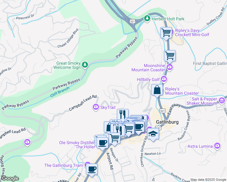 map of restaurants, bars, coffee shops, grocery stores, and more near 426 Campbell Lead Road in Gatlinburg