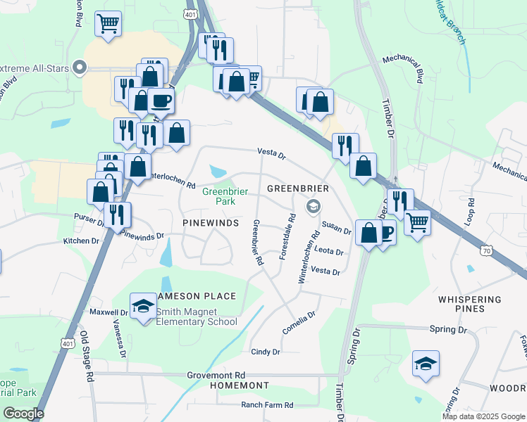 map of restaurants, bars, coffee shops, grocery stores, and more near 4605 Greenbrier Road in Raleigh
