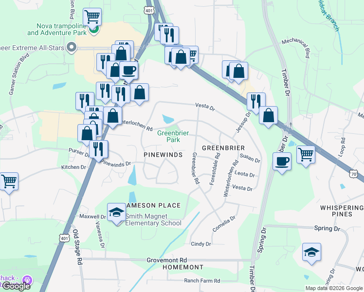 map of restaurants, bars, coffee shops, grocery stores, and more near 104 Crosspine Drive in Raleigh