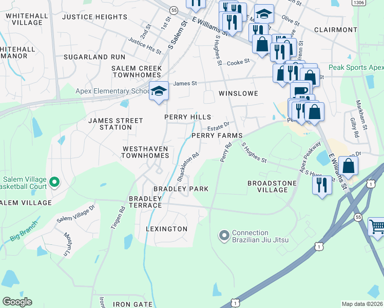 map of restaurants, bars, coffee shops, grocery stores, and more near 820 Shackleton Road in Apex