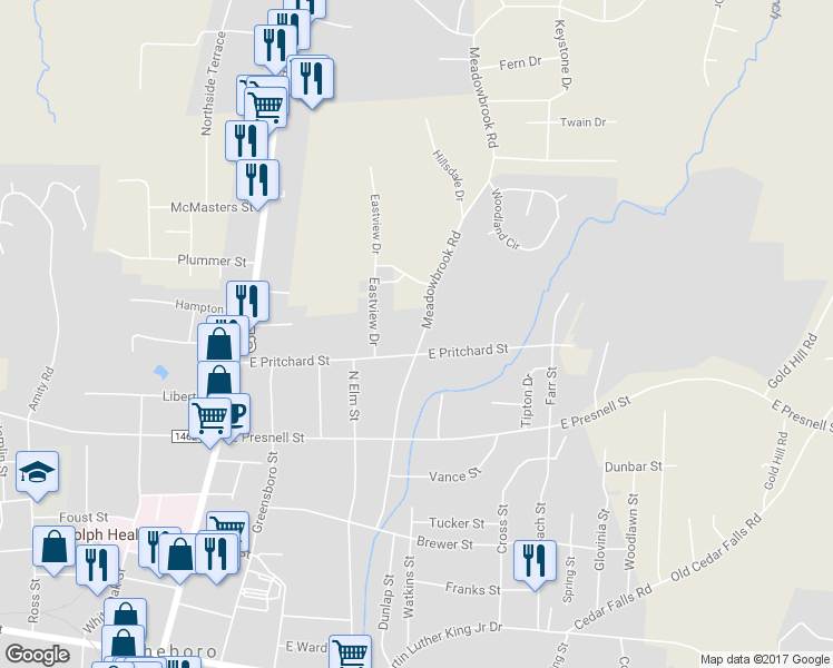 map of restaurants, bars, coffee shops, grocery stores, and more near 725 Meadowbrook Rd in Asheboro