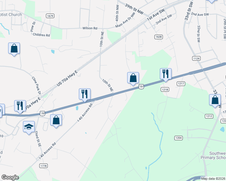 map of restaurants, bars, coffee shops, grocery stores, and more near 100-104 10th Street Northeast in Hildebran