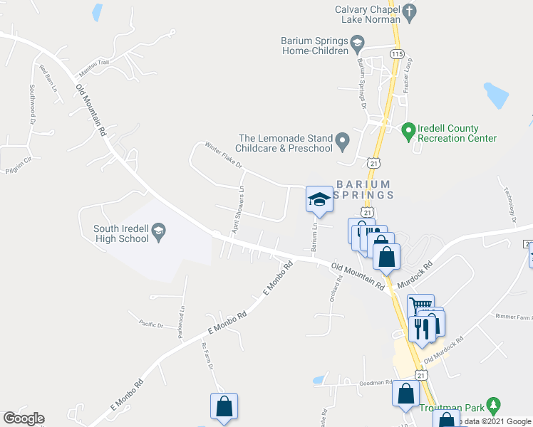 map of restaurants, bars, coffee shops, grocery stores, and more near 106 Summer Breeze Court in Statesville