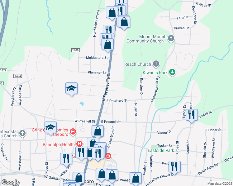 map of restaurants, bars, coffee shops, grocery stores, and more near 128 Carolina Avenue in Asheboro