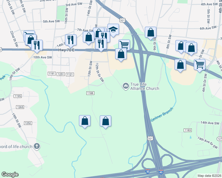map of restaurants, bars, coffee shops, grocery stores, and more near 1239 12th Street Drive Southwest in Hickory