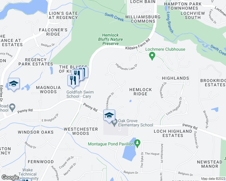 map of restaurants, bars, coffee shops, grocery stores, and more near 303 Crickentree Drive in Cary