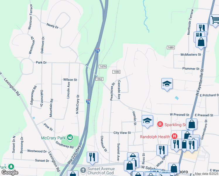 map of restaurants, bars, coffee shops, grocery stores, and more near 647 West Presnell Street in Asheboro