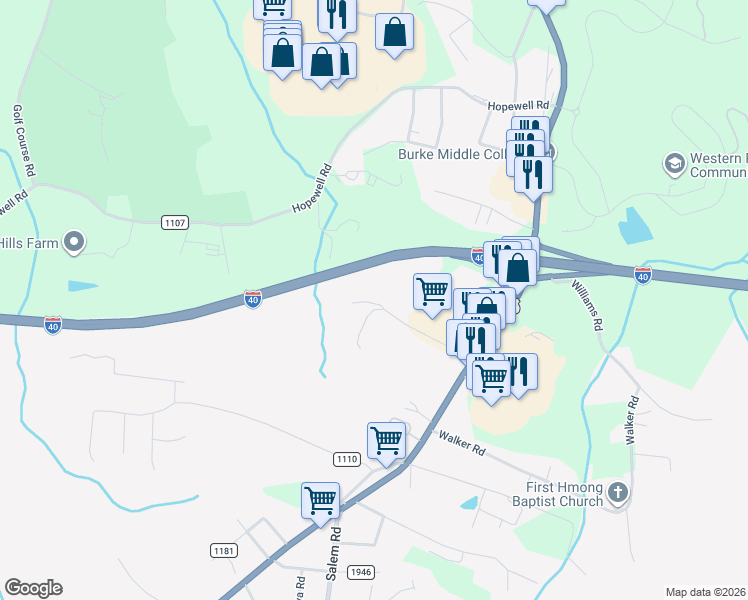 map of restaurants, bars, coffee shops, grocery stores, and more near 1240 Burkemont Avenue in Morganton