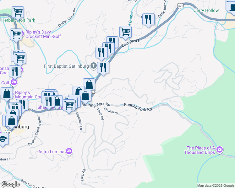 map of restaurants, bars, coffee shops, grocery stores, and more near 274 Brownsridge Road in Gatlinburg