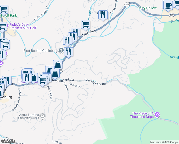 map of restaurants, bars, coffee shops, grocery stores, and more near 356 Brownsridge Road in Gatlinburg