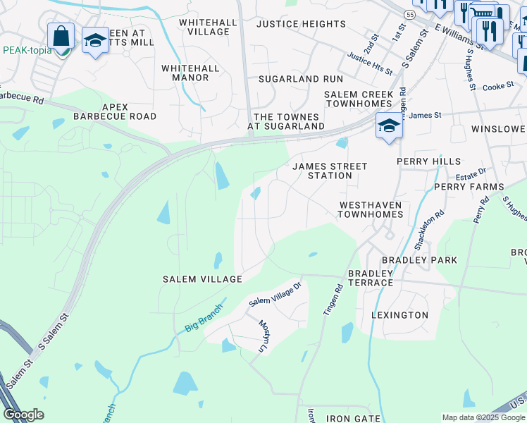 map of restaurants, bars, coffee shops, grocery stores, and more near 1468 Padstone Drive in Apex