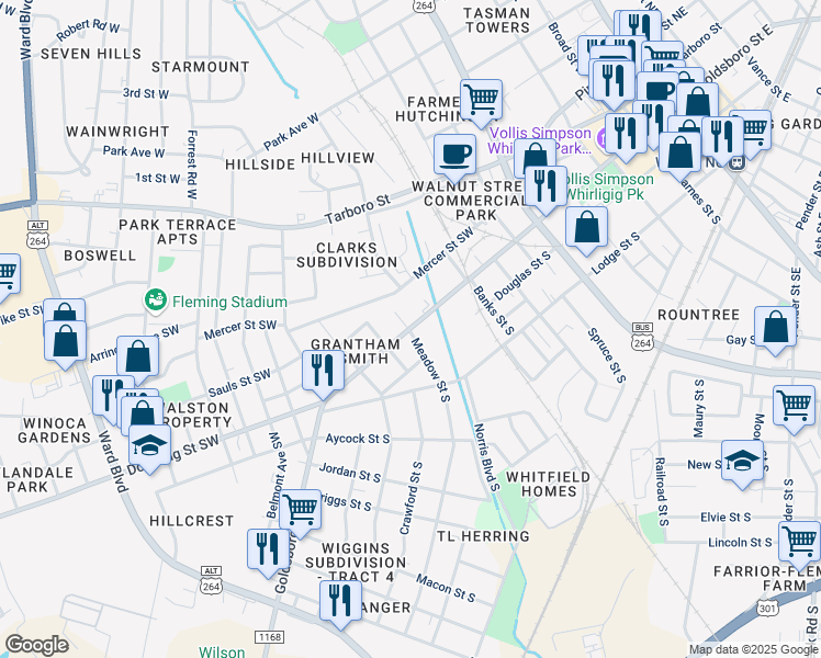 map of restaurants, bars, coffee shops, grocery stores, and more near 799 Goldsboro Street South in Wilson