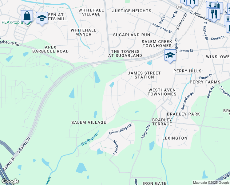 map of restaurants, bars, coffee shops, grocery stores, and more near 1468 Padstone Drive in Apex