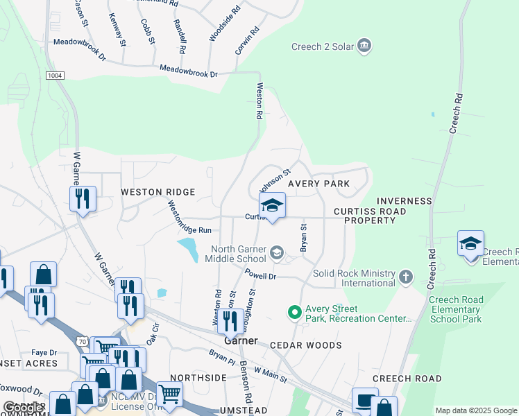 map of restaurants, bars, coffee shops, grocery stores, and more near 101 Parkhaven Lane in Garner