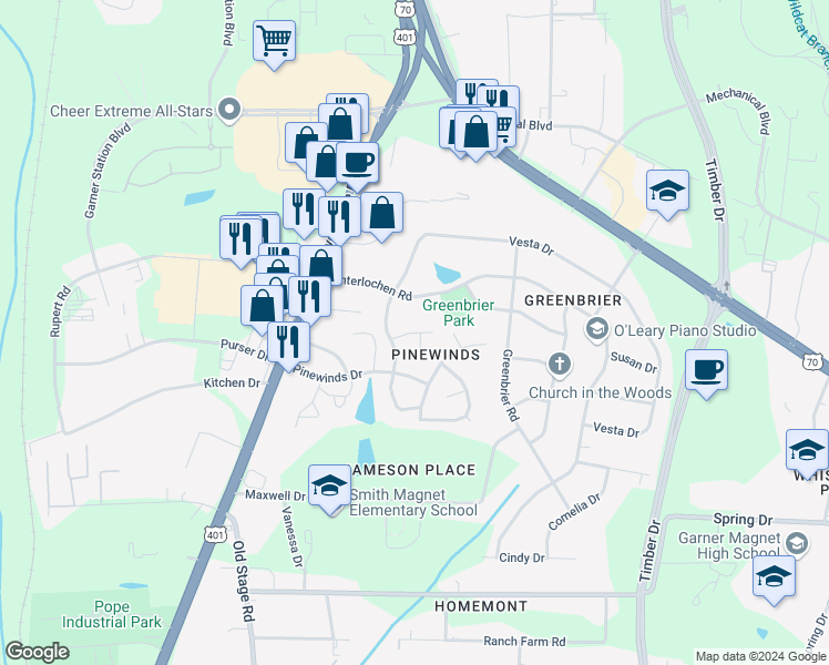 map of restaurants, bars, coffee shops, grocery stores, and more near 117 Longneedle Court in Raleigh