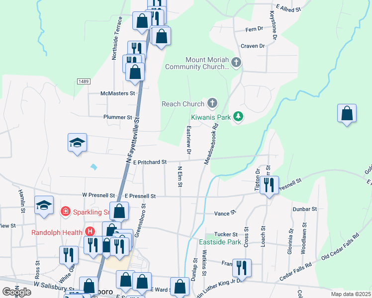 map of restaurants, bars, coffee shops, grocery stores, and more near 721 Eastview Drive in Asheboro