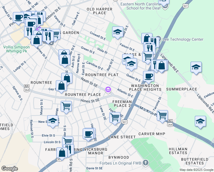 map of restaurants, bars, coffee shops, grocery stores, and more near 1112 Atlantic Street East in Wilson