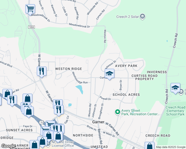 map of restaurants, bars, coffee shops, grocery stores, and more near 202 Weston Road in Garner