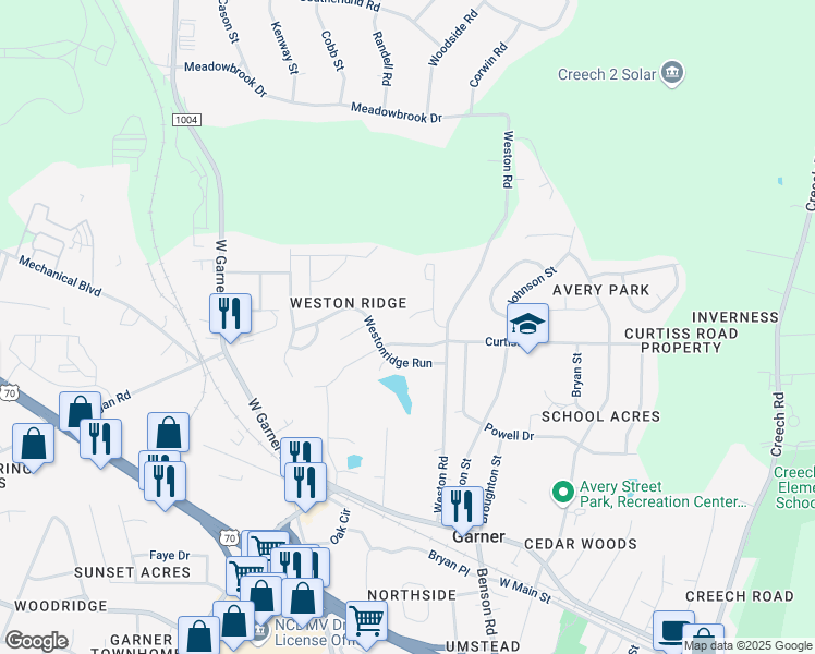 map of restaurants, bars, coffee shops, grocery stores, and more near 123 Plum Grove Lane in Garner