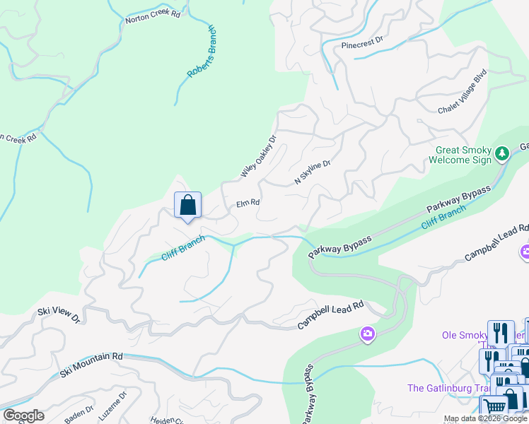 map of restaurants, bars, coffee shops, grocery stores, and more near 1107 Longview Court in Gatlinburg