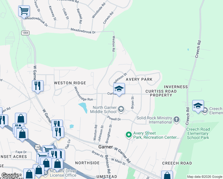 map of restaurants, bars, coffee shops, grocery stores, and more near 331 Johnson Street in Garner