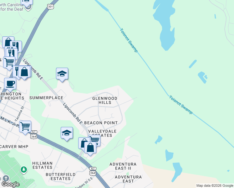 map of restaurants, bars, coffee shops, grocery stores, and more near 2103 Shamrock Drive East in Wilson