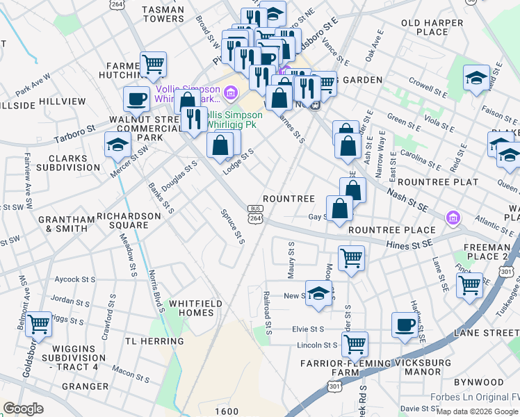 map of restaurants, bars, coffee shops, grocery stores, and more near 411 Layton Street South in Wilson