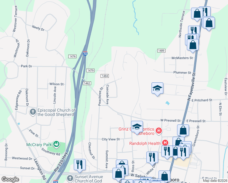 map of restaurants, bars, coffee shops, grocery stores, and more near 1161 Oakland Avenue in Asheboro