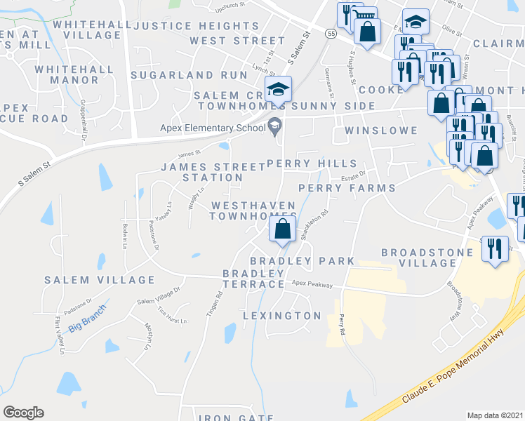 map of restaurants, bars, coffee shops, grocery stores, and more near 101 Shelter Haven Drive in Apex