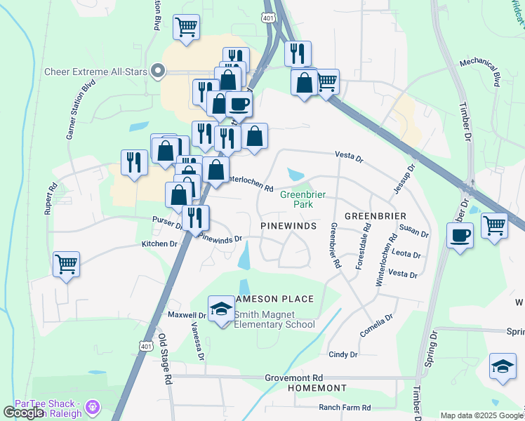 map of restaurants, bars, coffee shops, grocery stores, and more near 101 Longneedle Court in Raleigh