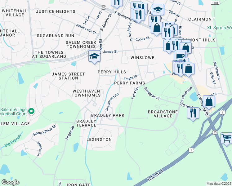 map of restaurants, bars, coffee shops, grocery stores, and more near 820 Shackleton Road in Apex