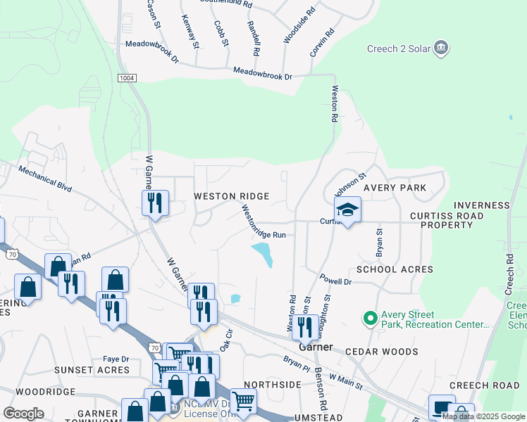 map of restaurants, bars, coffee shops, grocery stores, and more near 126 Plum Grove Lane in Garner