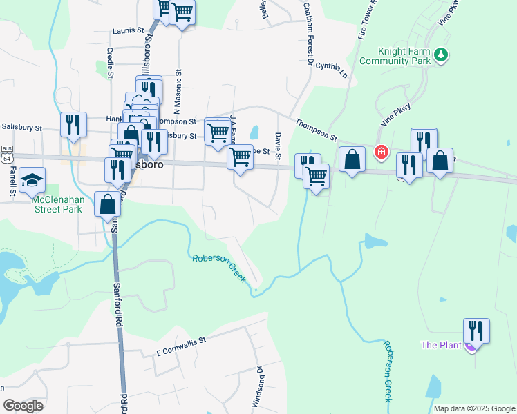 map of restaurants, bars, coffee shops, grocery stores, and more near 170 Toomer Loop Rd in Pittsboro