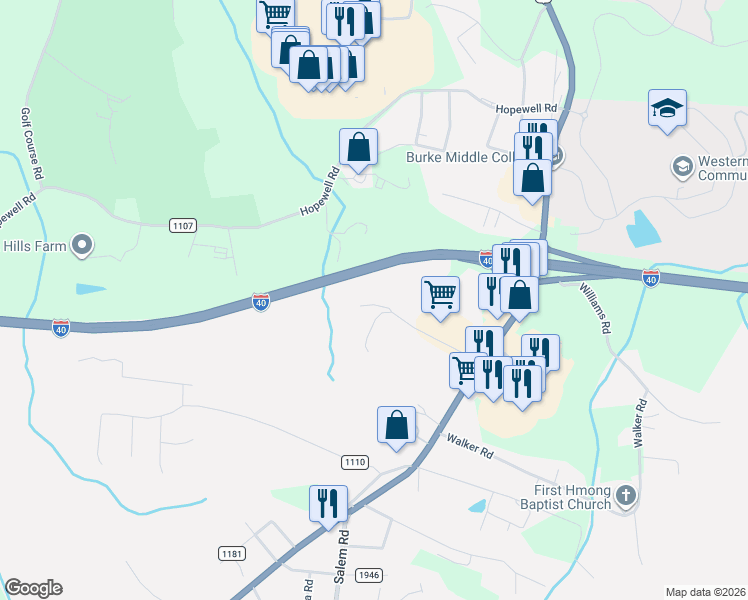 map of restaurants, bars, coffee shops, grocery stores, and more near 1240 Burkemont Avenue in Morganton