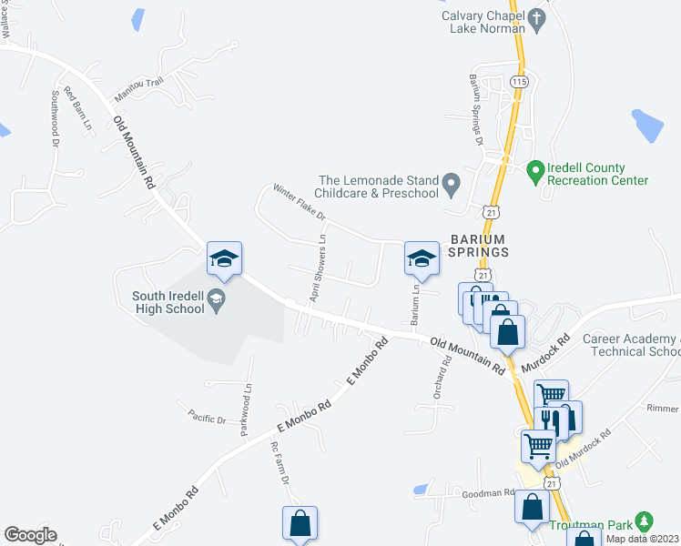 map of restaurants, bars, coffee shops, grocery stores, and more near 105 Summer Breeze Court in Statesville