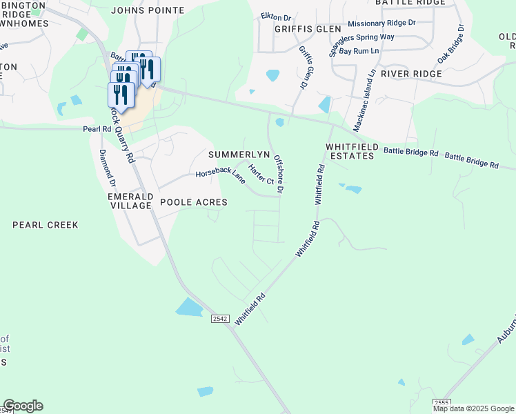 map of restaurants, bars, coffee shops, grocery stores, and more near 6809 Planting Court in Raleigh